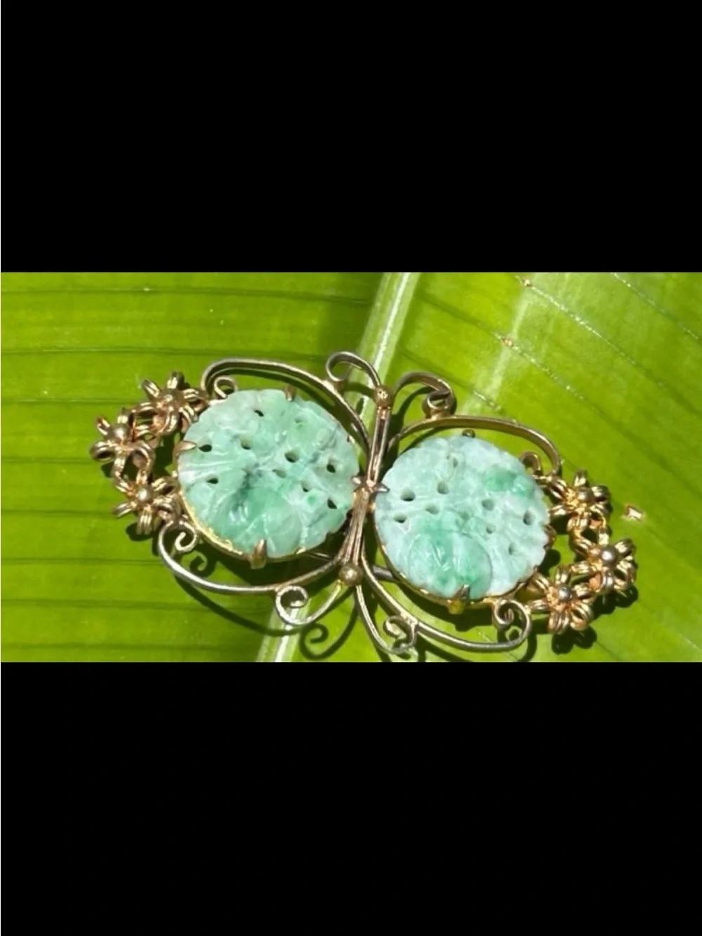 Chinese Export Gold Vermeil Filigree Silver Carved Jade Jadeite butterfly pin